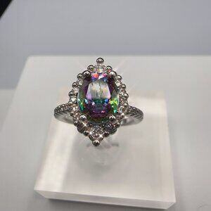Rainbow Zircon Teardrop Halo Ring With Silvertone Band